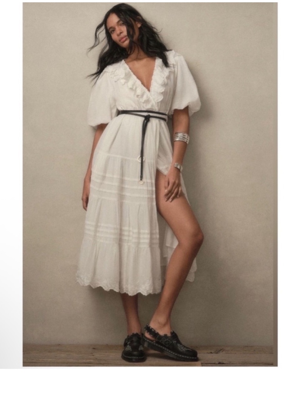 Love The Label Short Sleeve
Ruffled
Tiered Wrap Maxi Dress White V-
Neck White V